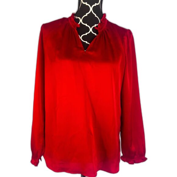 Ann Taylor Factory Power Red Ruffled Mock Neck Silky Blouse Size Medium Petite - Picture 1 of 8